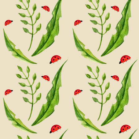 seamless pattern, hand draw watercolor flowers herbs, ladybug, background, green color, summer grassesの写真素材