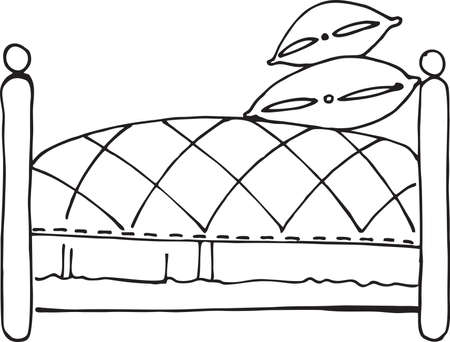 bed with pillows, home decor, vector illustration, line art, for childrenのイラスト素材