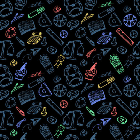 hand draw seamless pattern with different subjects on the school theme, line art, sketch, neon color on black backgroundの写真素材