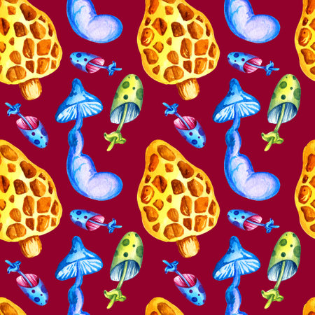 seamless pattern with fantastic cosmic mushrooms on purple background, watercolor hand draw illustration. Neon color, purple, pink, blue, yellowの写真素材
