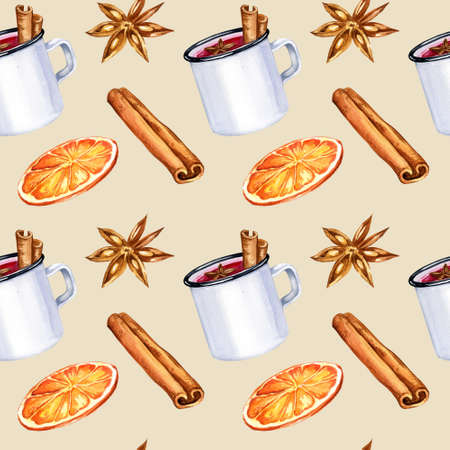 Watercolor seamless pattern with a glass of mulled wine and ingredients, hand drawn sketch, illustration of drink on white background. Print for fabric, paper, menuの写真素材