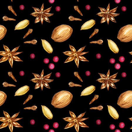 Watercolor seamless pattern with ingredients for mulled wine, hand drawn sketch, illustration of drink on black background. Print for fabric, paper, menuの写真素材