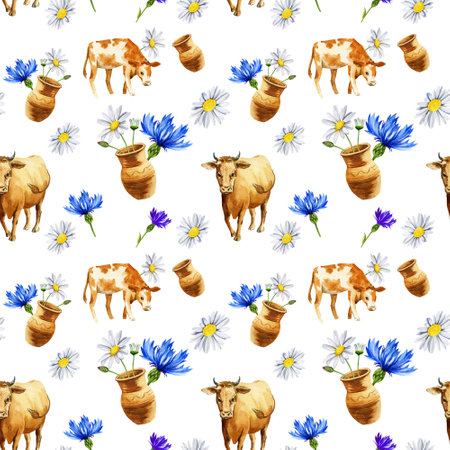 seamless pattern with daisies, cows, calf, wildflowers, watercolor hand drawn illustrationの写真素材