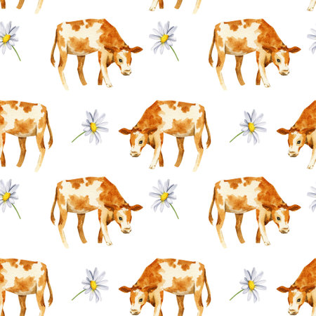 seamless pattern with daisies, cows, calf, wildflowers, watercolor hand drawn illustrationの写真素材