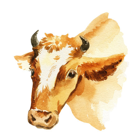 Watercolor illustration of cow, hand drawn sketch, ginger farm animal, pet, lying cow on a white backgroundの写真素材
