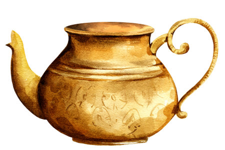 Taditional oriental teapot, copper turkish teapot, oriental tea drinking on white backgroundの写真素材