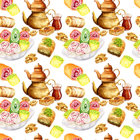 seamless pattern with oriental sweets and cooper teapots, different lokum, multicolor lukum, turkish sweets, hand-drawn sketch, watercolor illustrationの写真素材