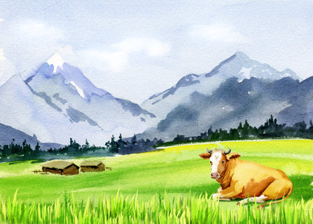 Watercolor alpine landscape with cows and haystacks, summer field, blue sky with clouds, hand-drawn sketch, illustrationの写真素材