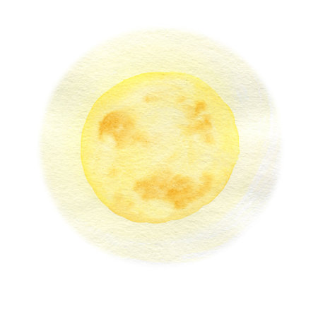watercolor moon, hand drawn illustration of spase object, yellow textured full moon isolated on white backgroundの写真素材