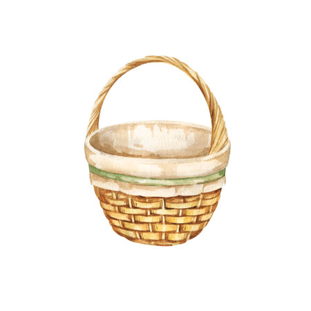watercolor empty wicker basket for needlework decorated with fabric and ribbon, hand drawn illustration of cozy home tools, brown basket for yarn and needles, hobby, isolated on white background, for Easter decoration, hobby blogsの写真素材