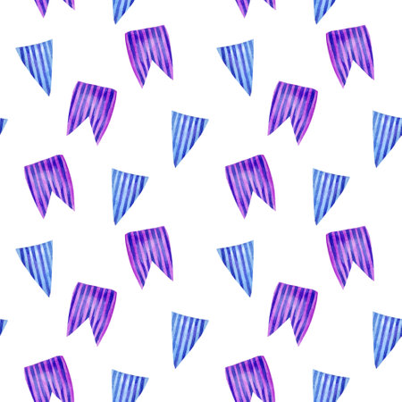 Watercolor seamless pattern with different striped flags, hand drawn illustration of garland of blue, purple flags isolated on white background. Decorating for party, baby room and wedding.の写真素材