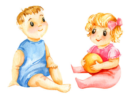 watercolor cute sitting baby girl with yellow ball the hands and baby boy wearing in pink and blue clothes, hand drawn illustration of newborn baby, smiling happy child isolated on white background, for children picture, decoration, baby showerの写真素材