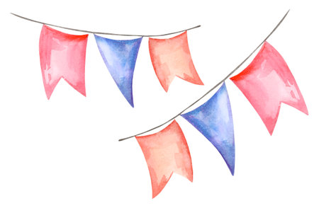 Watercolor different vintage flags garlands, hand drawn illustration of blue, pink, orange flags isolated on white background. Decorating for party, baby room and wedding.の写真素材