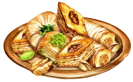 watercolor oriental sweets on metal copper tray, illustration of traditional Turkish sweets, baklava with honey and nuts, hand drawn sketch.の写真素材