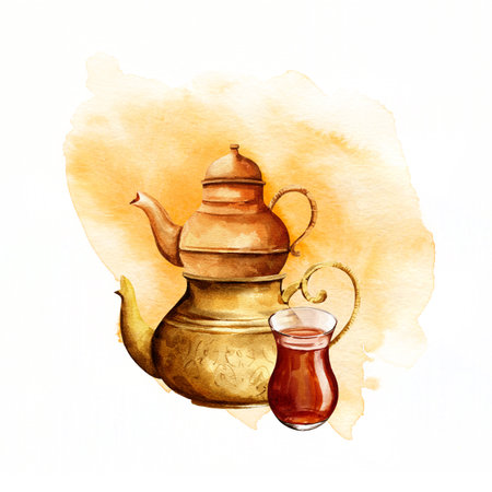 watercolor hand drawn traditional oriental teapot with glass tea cup, two copper Turkish teapots, oriental tea drinking on orange watercolor background, for decorating menu and cafeの写真素材