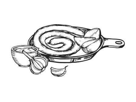 Vector hand drawn grilled sausages on iron frying pan on wooden cutting board, sauce and garlic, ink food illustration for beer theme, black and white sketch of barbeque theme white background, for menu decoration, fast food cafe, package paperのイラスト素材