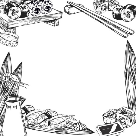 vector illustration of Japanese food theme with rolls, sushi, sashimi, soy sauce, chopsticks, hand drawn inked monochrome sketch of seafood, frame isolated on white background, for menu, banners, food paper decorationのイラスト素材