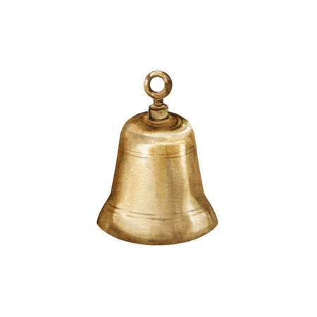 vintage brown ship bell, watercolor old metal bronze bell, sketch of sailor tool, school bell, church bell, illustration of marine retro item white backgroundの写真素材