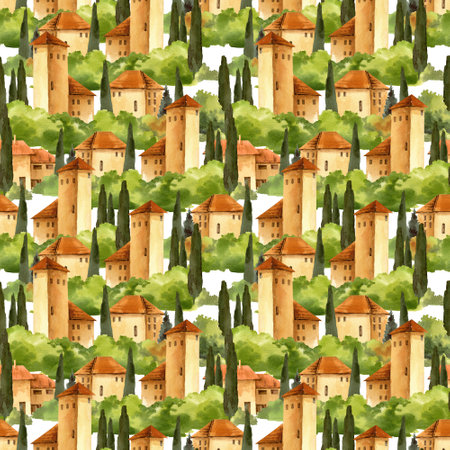 Italian rural landscape with fields and hills, seamless pattern with cypress trees, watercolor illustration. Mediterranean Europe scenery with ancient houses, towers for designの写真素材