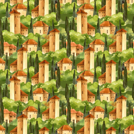 Italian rural landscape with fields and hills, seamless pattern with cypress trees, watercolor illustration. Mediterranean Europe scenery with ancient houses, towers for travel designの写真素材
