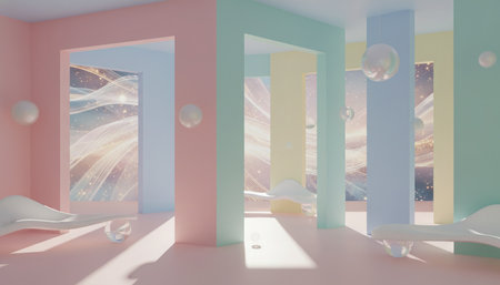 Abstract fantasy interior with planets, stars and space. 3d renderの素材