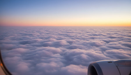 Sunset above the clouds from an airplane window. Travel concept.の素材
