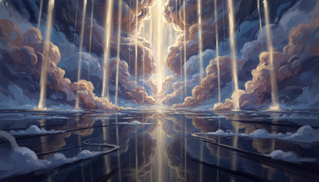 3D illustration of a fantasy landscape with clouds and a water surfaceの素材