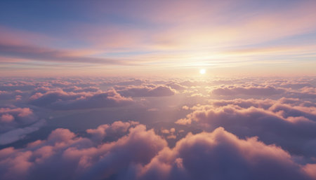 Beautiful aerial view above clouds at sunset. Flying above clouds with sun. 3d illustrationの素材