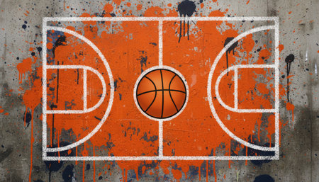 basketball ball on the background of an old wall painted in orange paintの素材