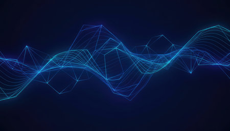 Abstract 3d rendering of blue glowing particles. Futuristic background with dynamic waves and lines.の素材