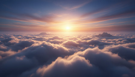 Beautiful aerial view above clouds at sunset. 3d render illustrationの素材