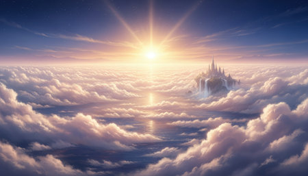 Fantasy landscape with castle above the clouds at sunset. 3d illustrationの素材