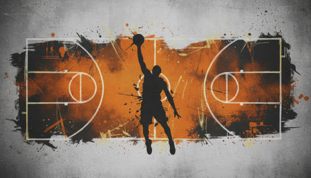 Basketball player against orange and black grunge design on grey backgroundの素材