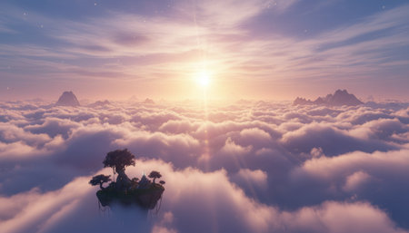 fly above clouds sunset landscape, 3d render illustration design background.の素材