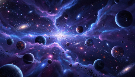 Planets and galaxy, science fiction wallpaper. Beauty of deep space. Billions of galaxies in the universe Cosmic art backgroundの素材
