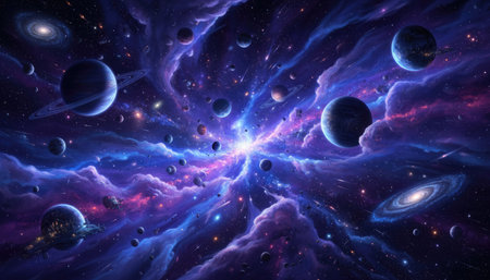 Planets, stars and galaxies in outer space showing the beauty of space exploration.の素材