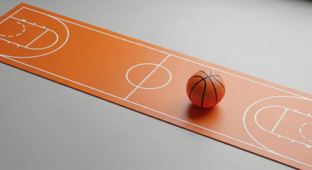 Basketball court with ball on the floor. 3D illustration.の素材