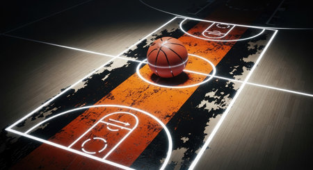 Basketball court with red and orange stripes. 3D rendering.の素材
