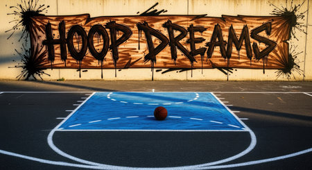 Basketball court with the word sport written in chalk on a wallの素材