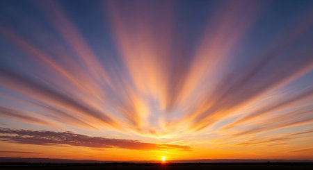 Sunset over the field. Shallow depth of field. Long exposure.の素材