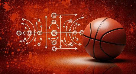 Digital composite of Basketball ball with arrows and sport drawings against red backgroundの素材