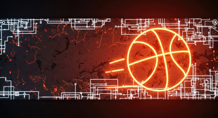 Glowing neon basketball icon on dark grunge background 3D renderingの素材