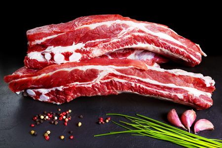 feed and food. Raw pork. Fresh pork chop bacon and bacon and grilled BBQの写真素材