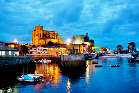 Night landscape in the harbor. Tourism of towns on the coast of Spain. Castro Urdiales.Cantabriaのeditorial素材