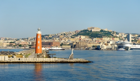 view from the sea to the port of Naples and the lighthouseの写真素材
