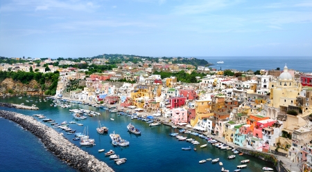 beautiful panoramic view of the colorful island of Procida in the Gulf of Naples, Mediterranean sea, Italyの写真素材