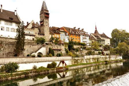 Bremgarten, canton Aargau, Switzerland - scenic panoramic view of the old town and Reuss riverの写真素材