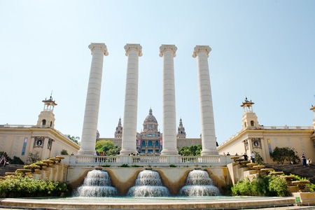 Barcelona, Spain - fountain, column and National art museum in Plaza de Espana by dayのeditorial素材