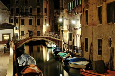 Venetian canal night view, Venice, Italy, Europeの写真素材