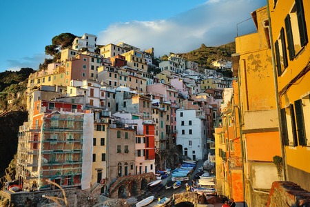 View of Riomaggiore, Five lands, Liguria, Italyの写真素材